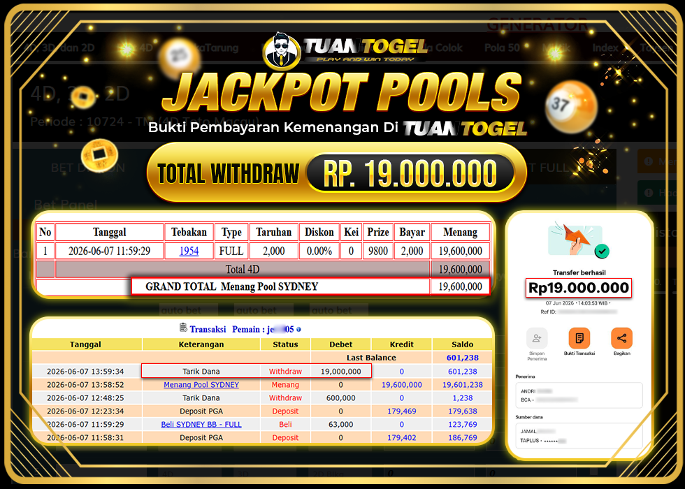 TUANTOGEL JACKPOT TOGEL SYDNEY Rp 19.000.000,- LUNAS